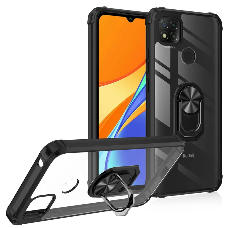 

For Xiaomi Redmi 9 Case Car Magnetic Holder Ring Back Cover for Redmi 9A 9C Transparent Clear Phone Cases
