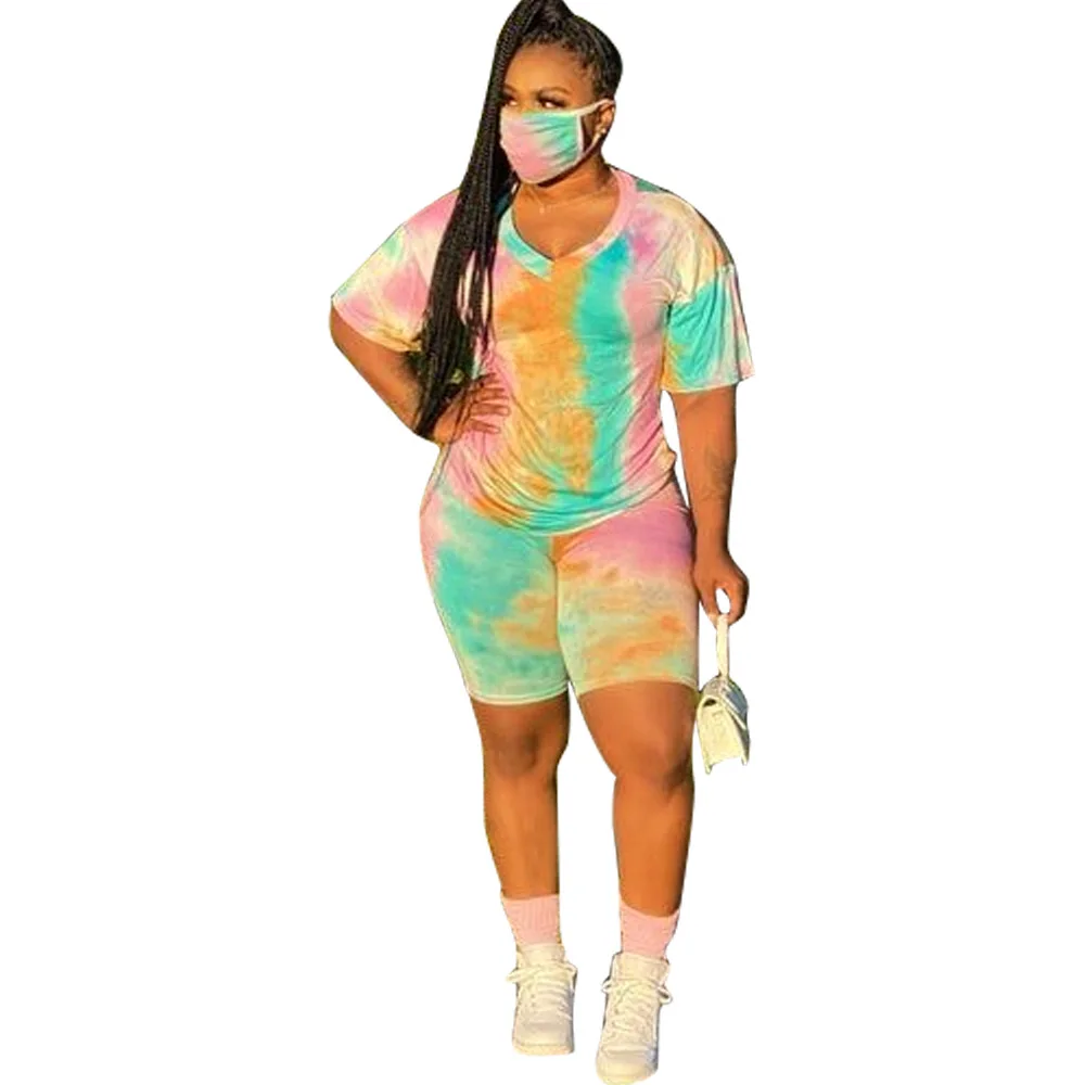 

Plus Size L-4XL With Mask Women Sets Tracksuits Short Sleeve Top Pants Suit Two Piece Set Print Casual Fitness Outfits