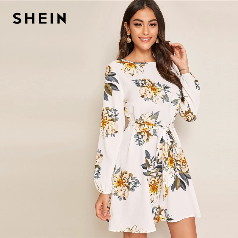 SHEIN белое платье с цветочным принтом и вырезом на спине, с поясом, женское осеннее однотонное платье с круглым вырезом и длинными рукавами, туника, короткие платья в стиле бохо