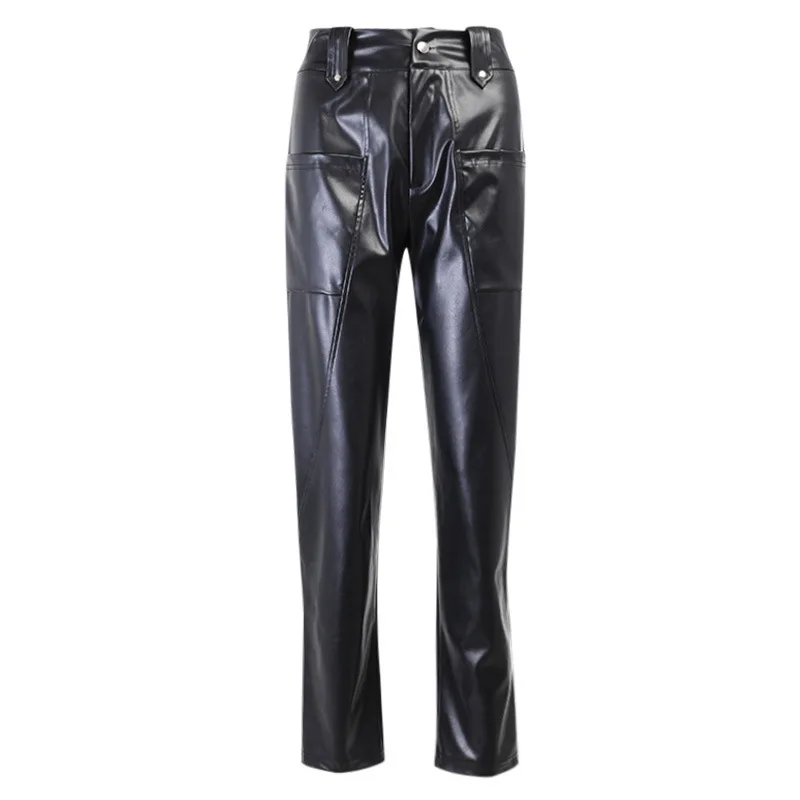 

Artificial PU Leather Harem Pants Women Patchwork Pocket Black Trousers 2021 Casual Streetwear Cargo Pants High Waist Sweatpants