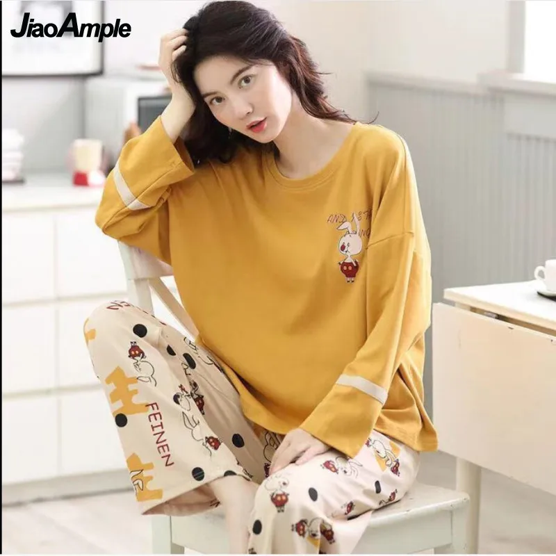 100% Cotton Pajamas Women's Autumn Winter Long-sleeved Trousers Pijamas Two-piece Korean Cartoon Loose Sleepwear Nightie Set