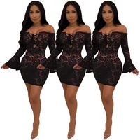 hot style european and american fashion womens sexy lace dress with flared sleeves