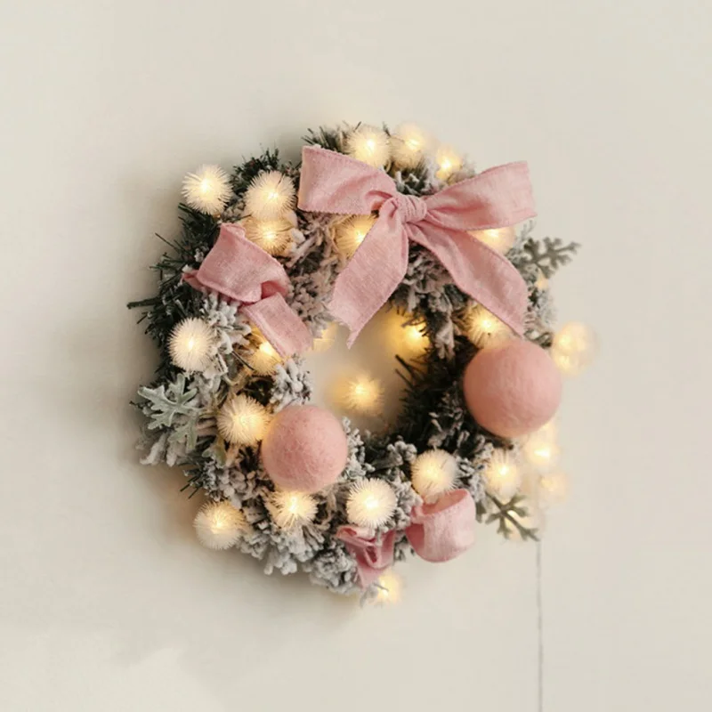 

New Christmas Wreath With LED String Light Bowknot And Plush Balls Decorated Garland For Front Door Window Wall Hanging Decor