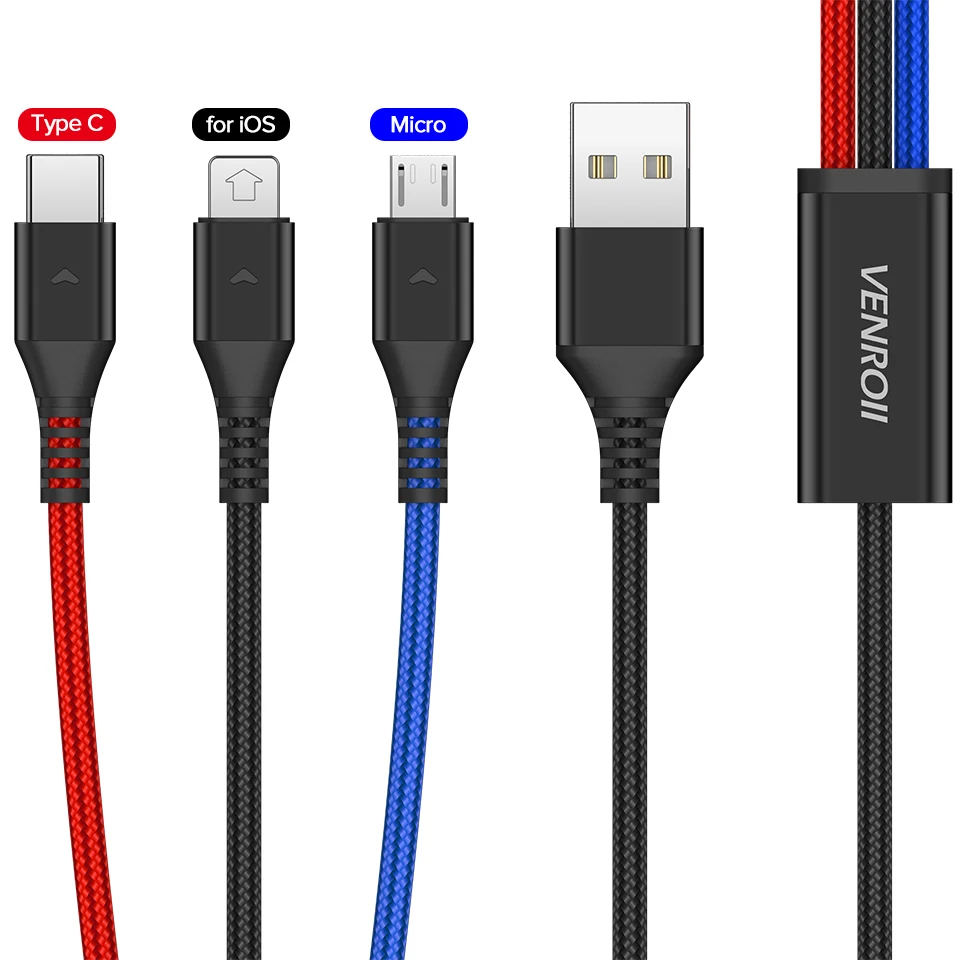 Black Venroii USB 3 in 1 Micro Cable Type C Kable Android Phone Cord for Xiaomi Redemi Note 7 K20 USBC Wire for Samsung Oneplus 7 Pro - Цвет: Black