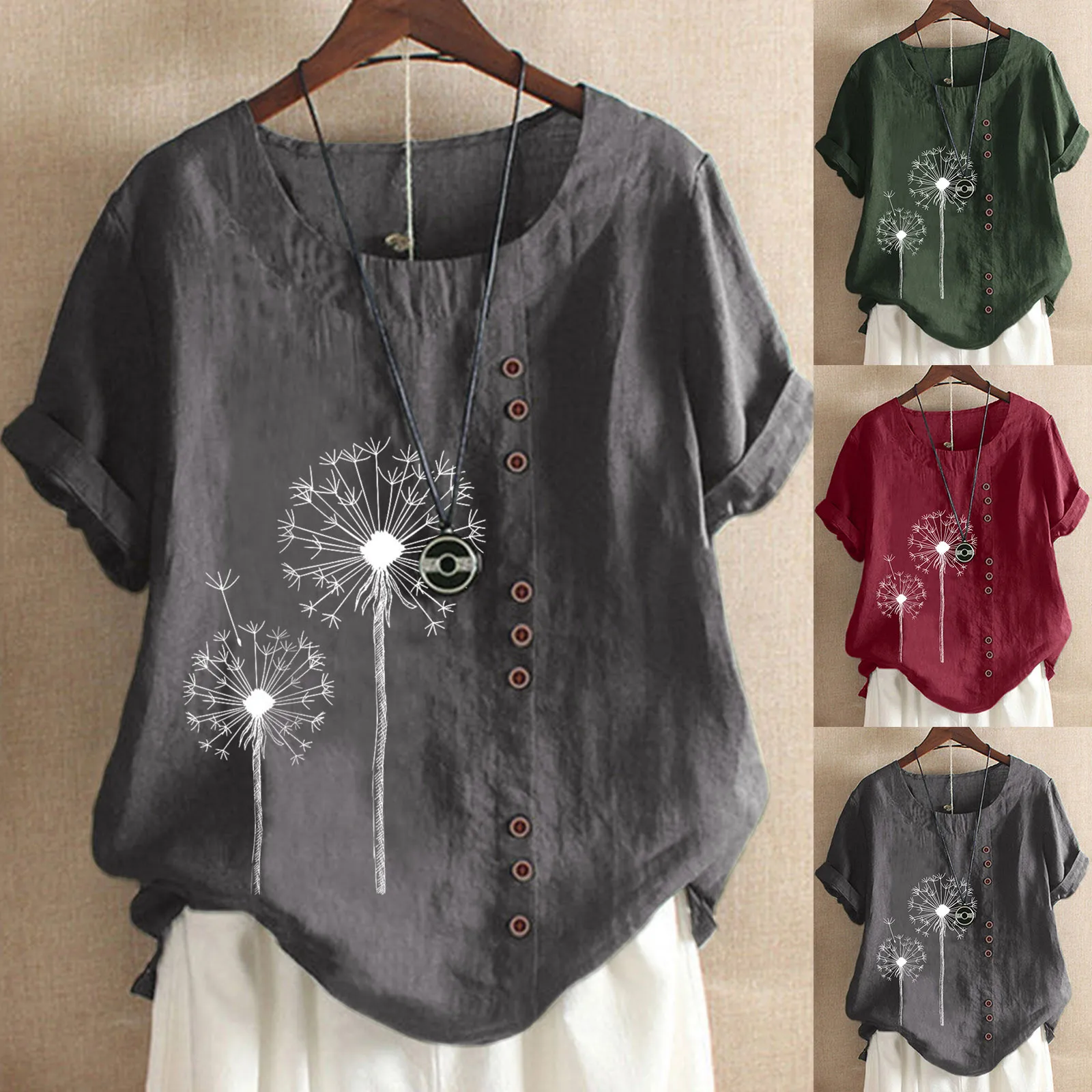 

Модный женский топ SAGACE с круглым вырезом, хлопковая одежда из пеньки с коротким рукавом, новинка 2021, летняя женская мода с принтом одуванчик...