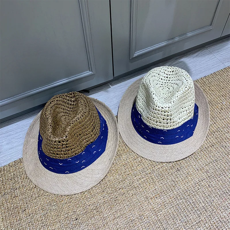 

202105-2509344 summer handmade paper patchwork blue ribbon street small brim lady leisure fedoras cap men women panama jazz hat