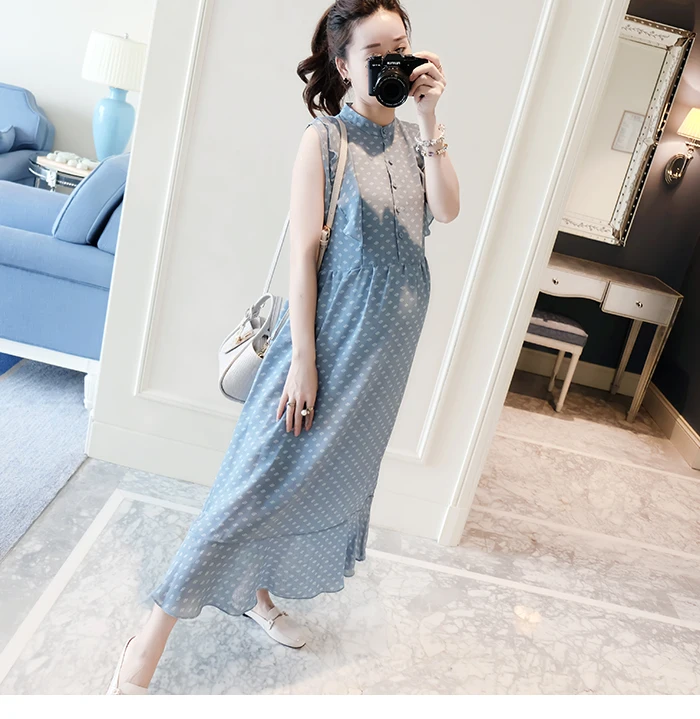 Новое платье без рукавов в горошек длинное летнее Одежда для беременных Платья