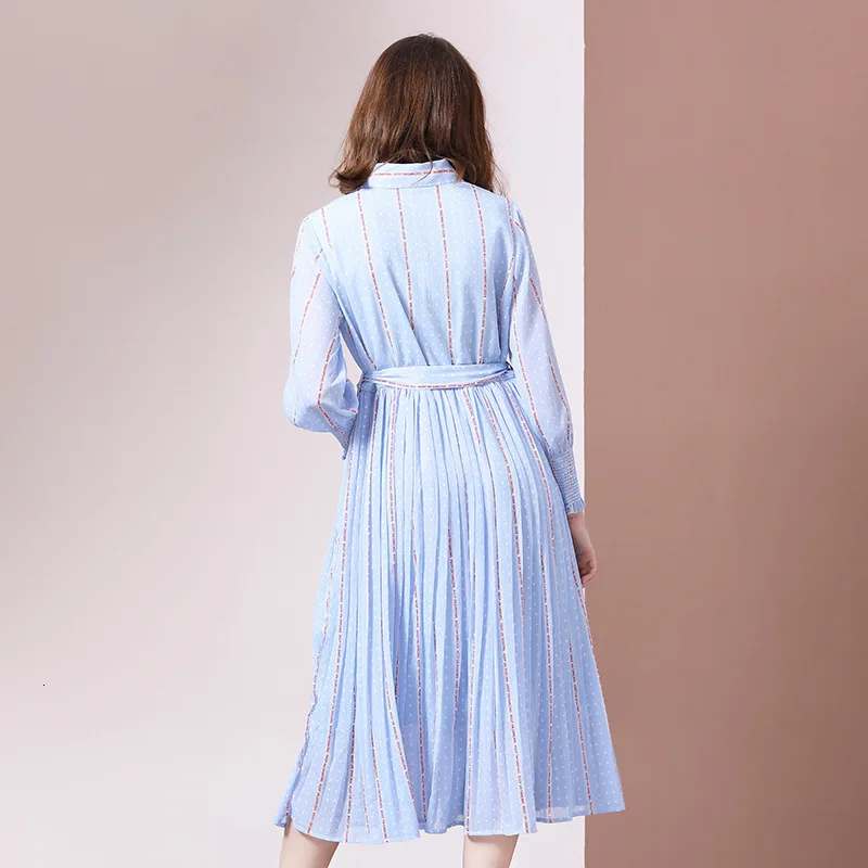

Chiffon Woman 2020 New Arrival Sale Spring Autumn Striped Print A-Line Elegant Womens Long Sleeve Shirt Dress Pleated Belt