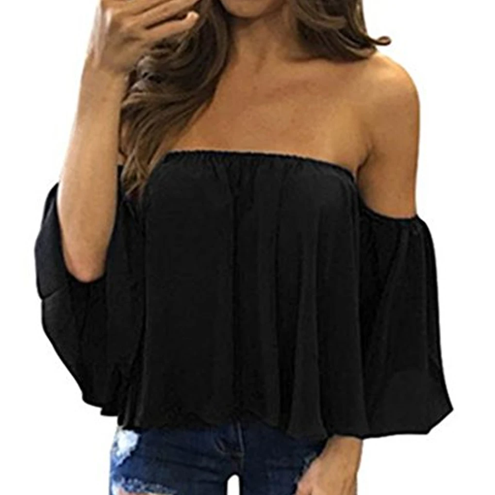 

Stylish Women Off Shoulder Casual Blouse Shirt Tops Strapless Pure Color Bell Puff Sleeve Tops