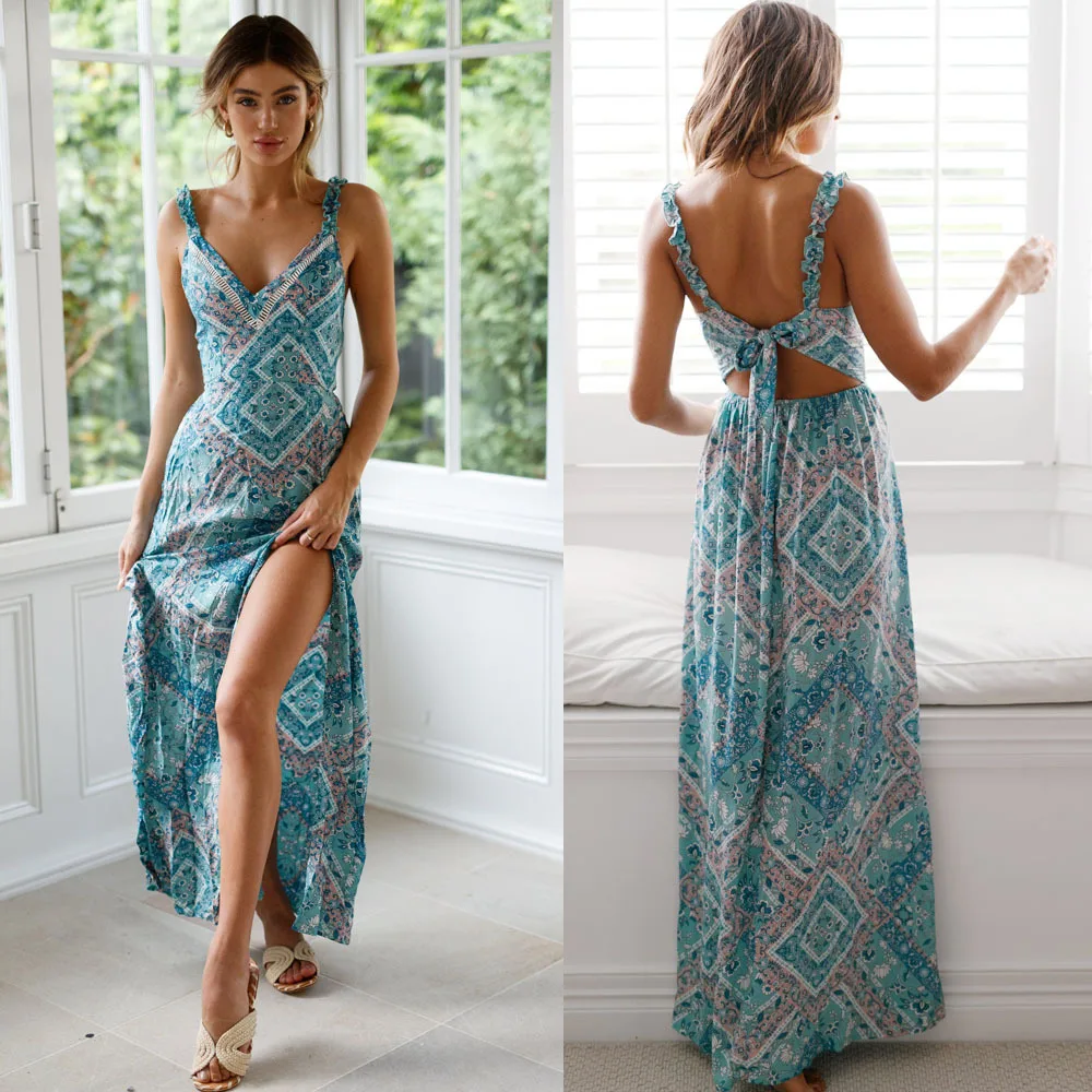 

Women Sexy Party Dress, Summer Behemian Backless, Elegant Floral Long Dress