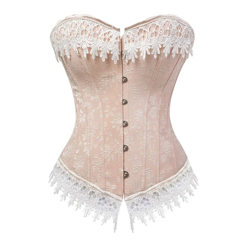 

Lace Up Corsets Bustiers Overbust Waist Trainer Embroidery Sexy Boned White Beige Corset Burlesque Costumes Corselet Halloween