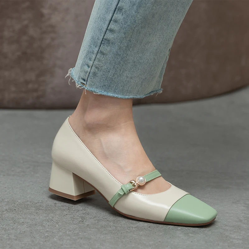 

Genuine Leather Square Toe Thick Heels Pumps Elegant Mixed Colors Shoes For Women 2021 Newest Party Working Shoes Woman