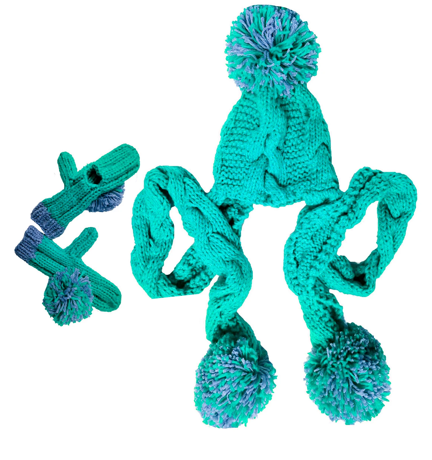 BomHCS Cute Big Pompoms (2PCS)Scarf with Beanie +Gloves 100% Handmade Knitted Hat Neckerchief Mittens