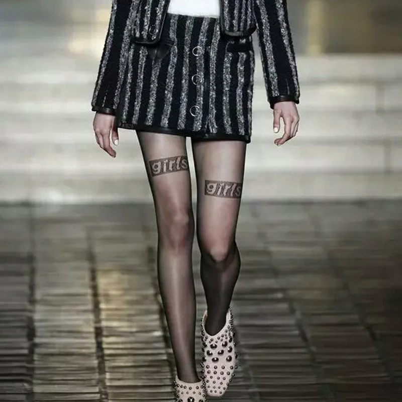 Весна осень женские блестящие черные тату чулки с надписью ins сексуальные