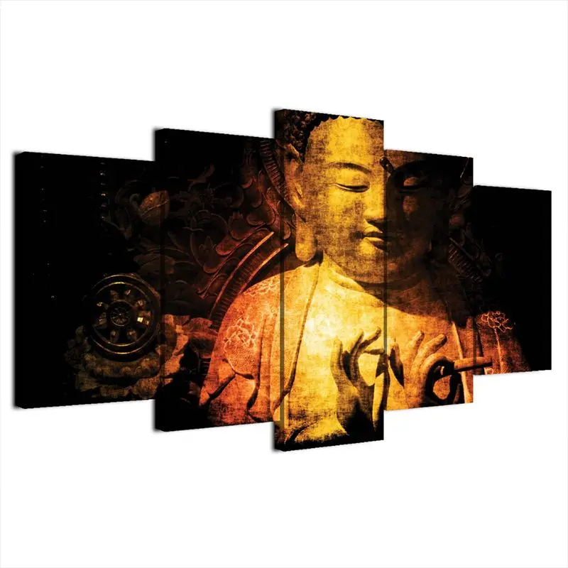 

New 5 Panels Buddha Statue framework Modern Canvas Art Oil Painting Hanging Decor for Living Room Bedroom Home Poster