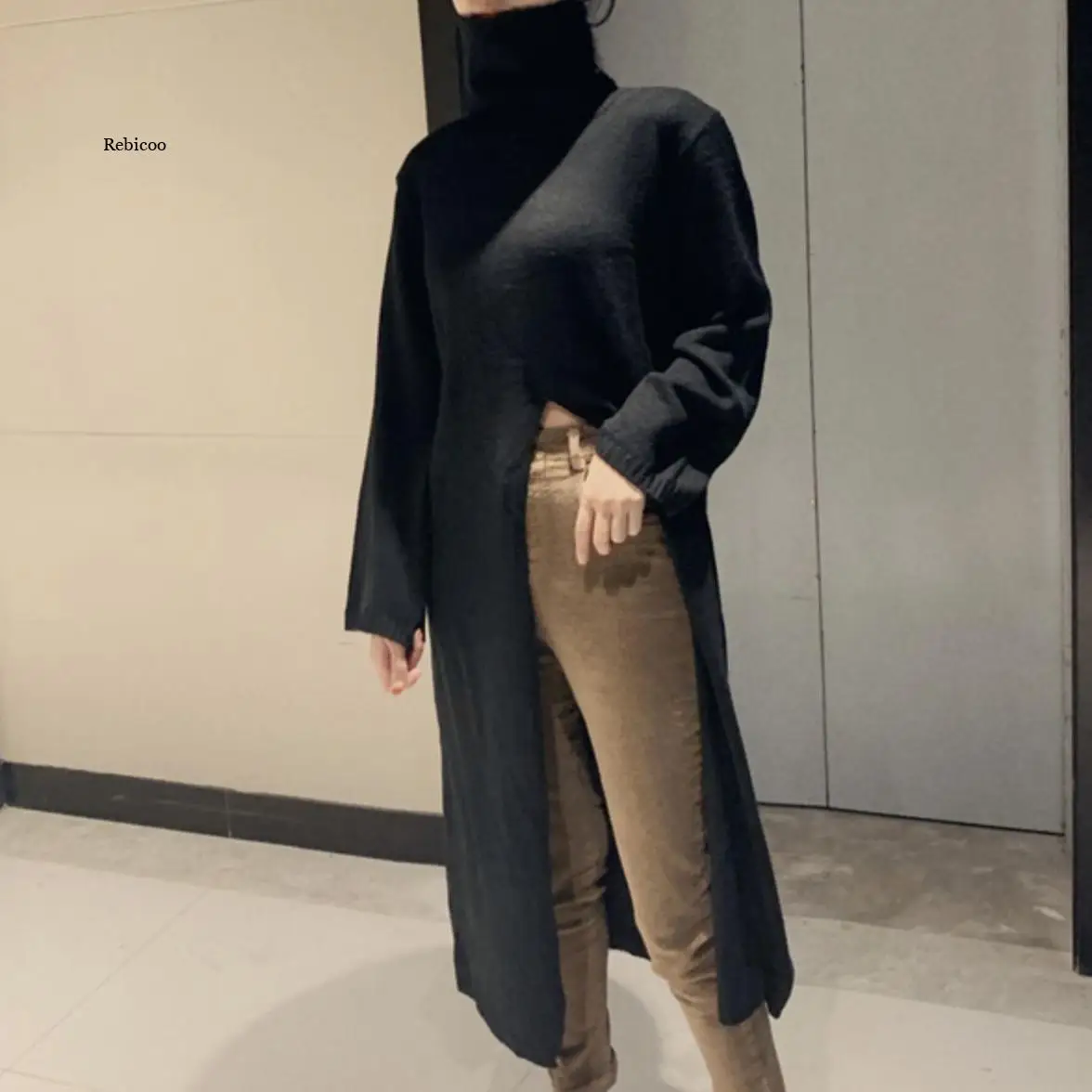 

Вязаная осенне-зимняя корейская модная одежда в стиле ретро свободный свитер с длинным рукавом с разрезом платья макси для женщин водолазк...