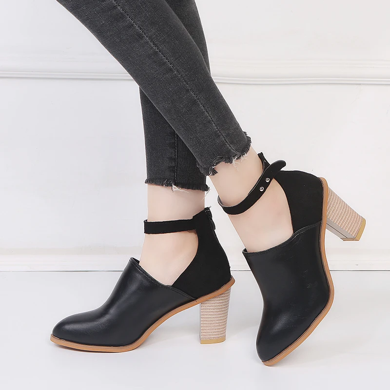 

2019 New Spring Autumn Boots Female Thick with Boot Round Toe Patent Leather Boots British Wind Zipper Boots Women's shoes S2-89