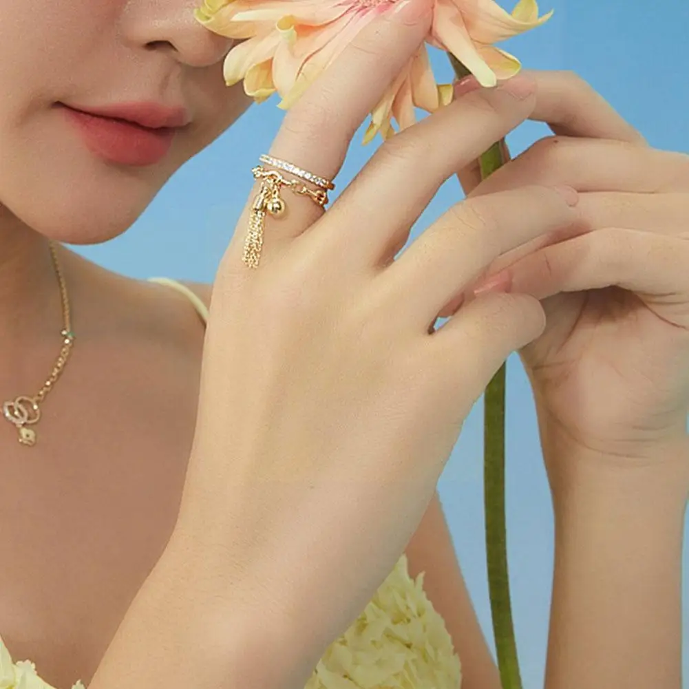 

Punk Link Chain Tassel Ring Zirconia Ball Pendant Gold Ring Jewelry Party Ring For Women Opening Gift Finger Color Adjustab I3T4