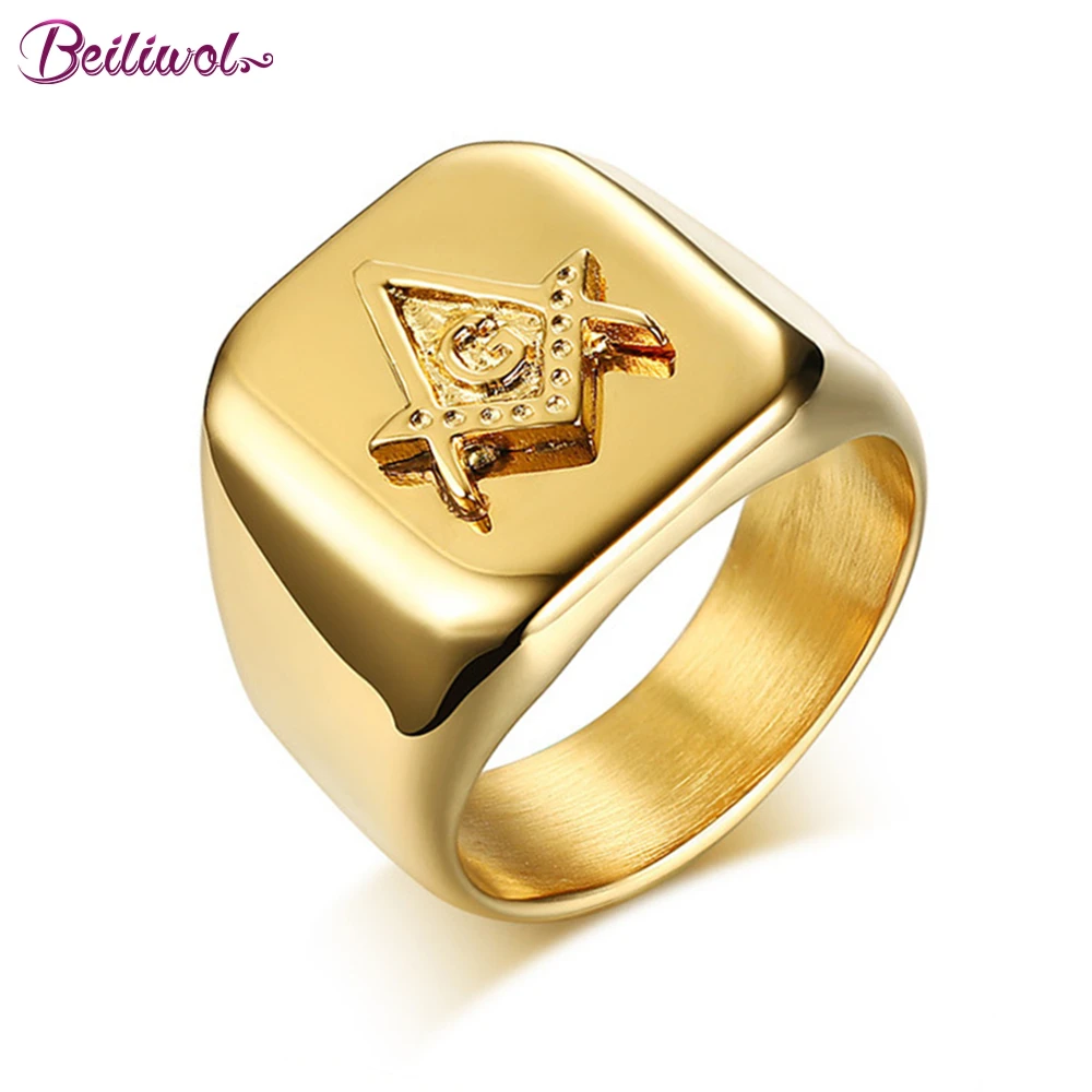 Кольца модного дизайна Beiliwol для мужчин из золотистого титановой стали с роскошным квадратным узором, масонским логотипом исключительного качества, не выцветающие.