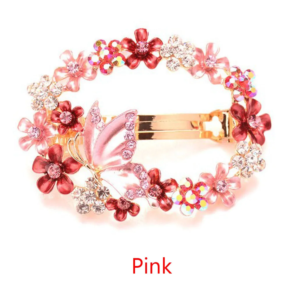 Pink 1 шт. модный разноцветный окрашенный кристалл бабочка цветок полый женская заколка для волос горный хрусталь шпильки аксессуары для укладки волос - Цвет: Pink