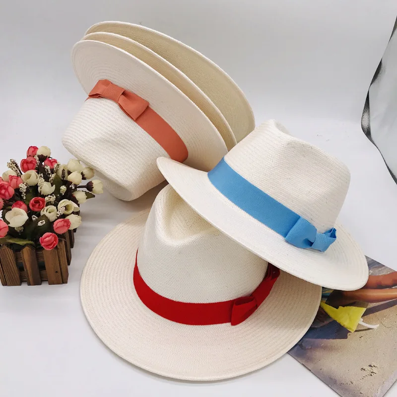 

01912-fcm-59 solid British Style handmade grass white fedoras cap men women panama jazz hat