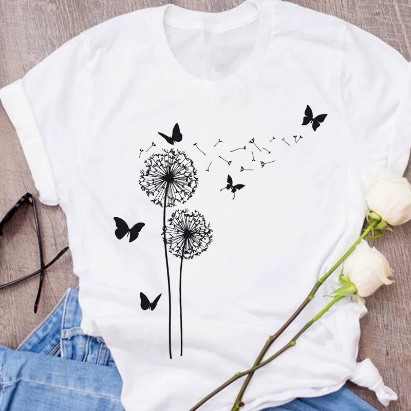 

Women Graphic Cartoon Dandelion Plant Short Sleeve Ladies Print Clothing Clothes Lady Tees Tops Female T Shirt Womens T-Shirt