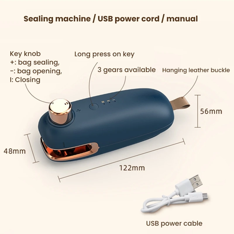 

USB Rechargeable Electric Sealing Machine Mini Portable Pressing Snack Plastic Bag Heating Sealer 3 Gear Adjustment Kitchen Tool