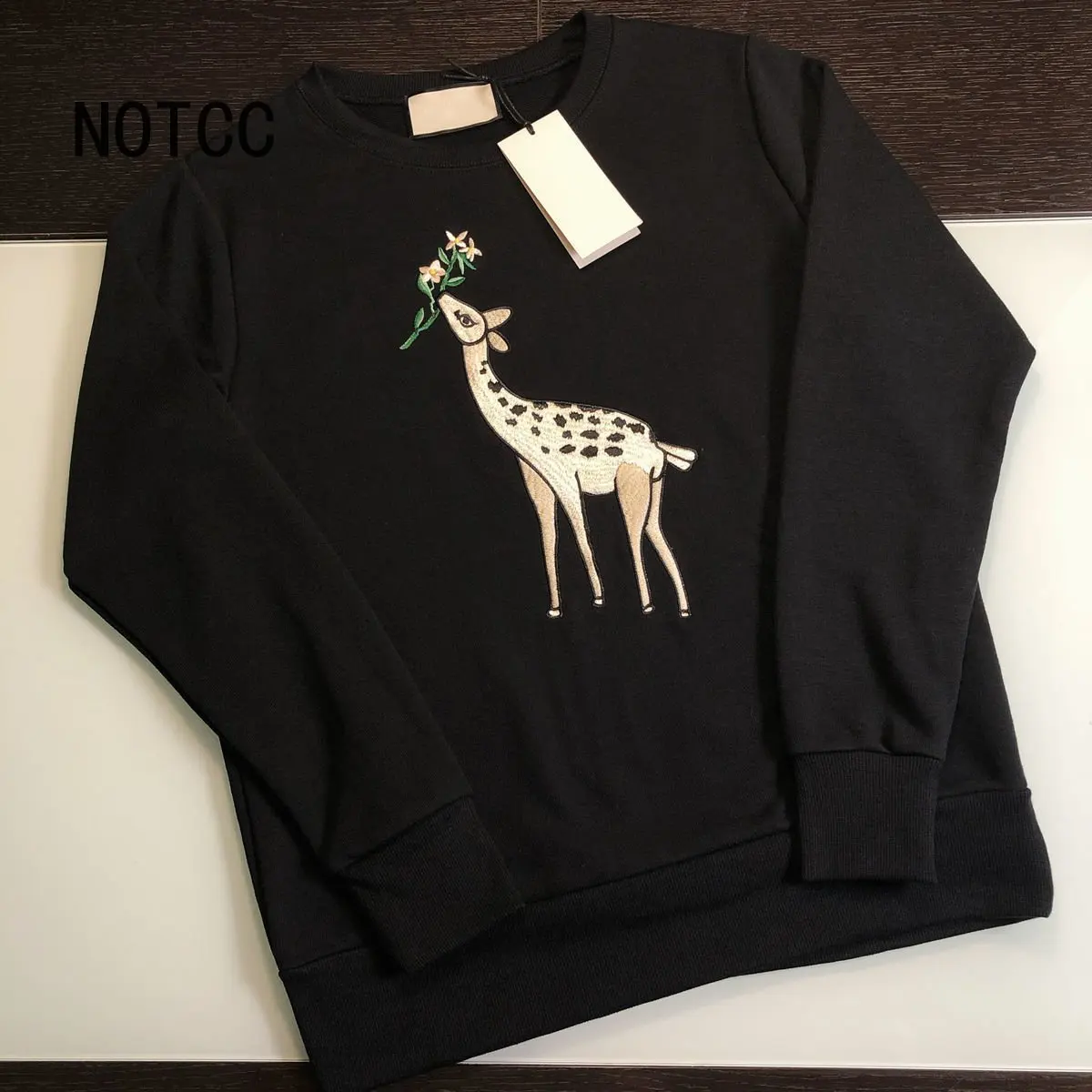 

NOTCC Sika Deer Sweatshirts Women Black Shirts Female Animal Embroidery Pullover Tops Unisex Loose Clothes