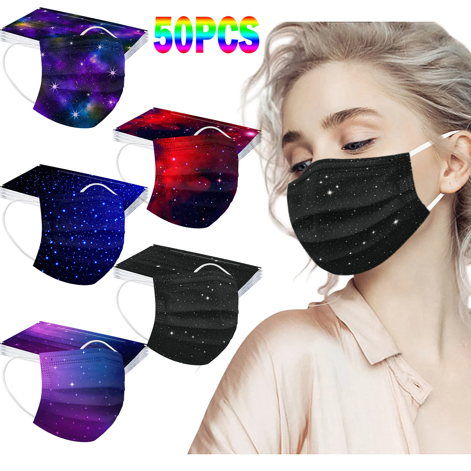 

50pc Starry Sky Designer Face Masks Disposable Printed 3-layer Safety Stars Mouth Cover Masks Mascsrillas Decoration