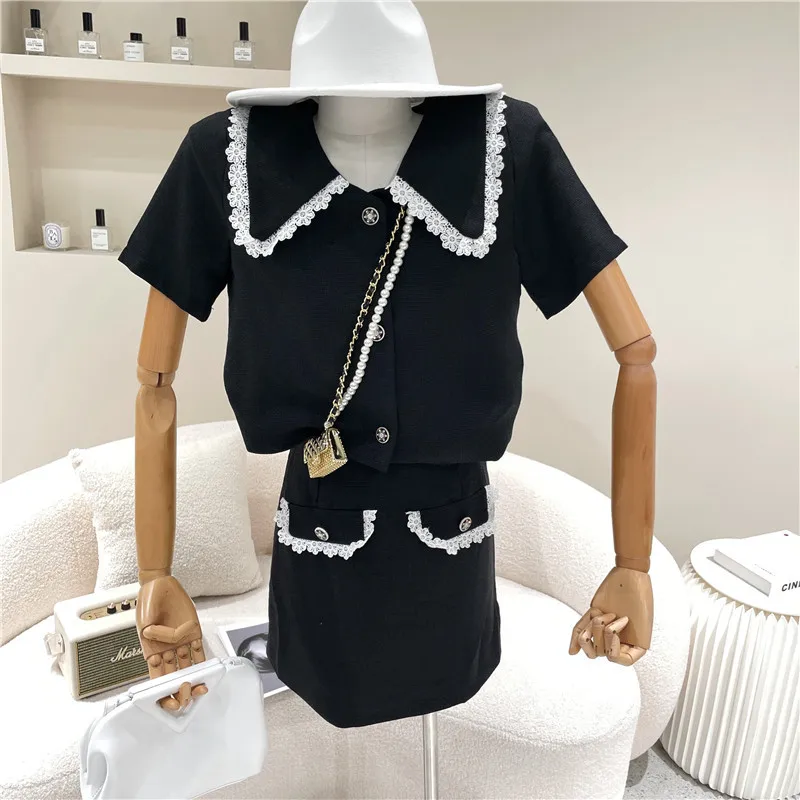 

New Women's Clothing Summer 2021 Fashion Lace edge stitching short Doll collar Top + high waist skirt Two piece set