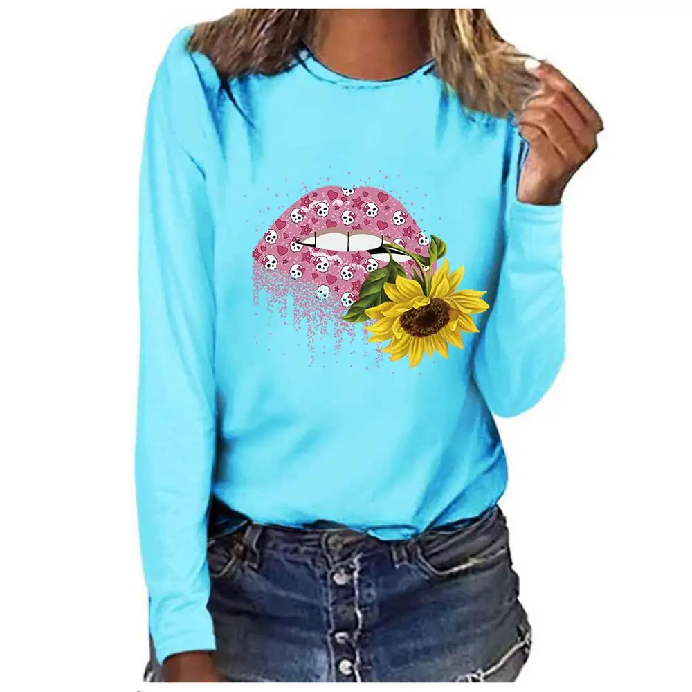 Женские топы уличная мода плюс размер круглый вырез с длинными рукавами футболка