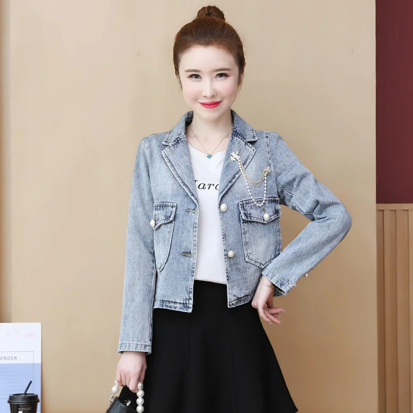 

#3323 Весенняя джинсовая куртка для женщин, Короткие облегающие повседневные джинсовые блейзеры, пальто, женская однобортная джинсовая куртк...