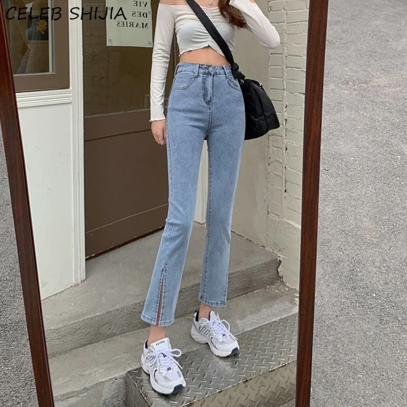 

SHIJIA Light Blue Denim Jeans Woman Split Elastic High Waist Pencil Pants Woman Clothes Korean Ankle-length Slim Mom Jeans Woman