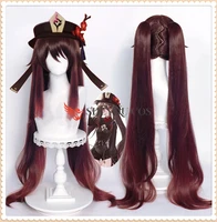 hu tao cosplay wig 43inches 110cm long brown with ponytails genshin impact hutao heat resistant synthetic hair wigs wig cap