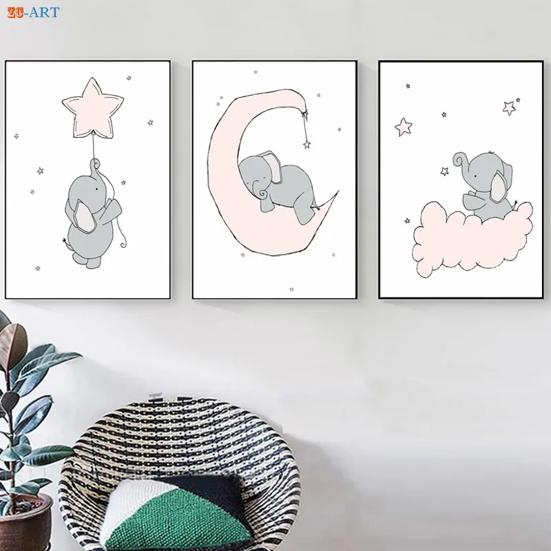 Принты для детской слон луна и звезды плакат холст картины цвета: розовый белый