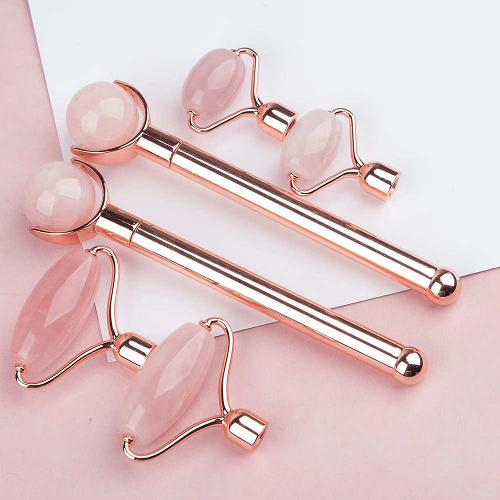 3 в 1 розовый КВАРЦЕВЫЙ роликовый массажер лица Натуральный Нефритовый камень для