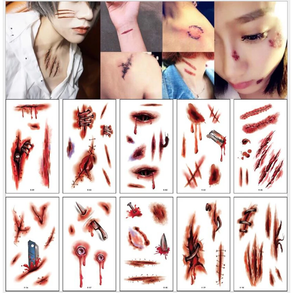 

10 Sheet Halloween Temporary Tattoos Stickers Horror Scars Makeup Tattoos Props Art Stickers Tattoo Stickers for Halloween
