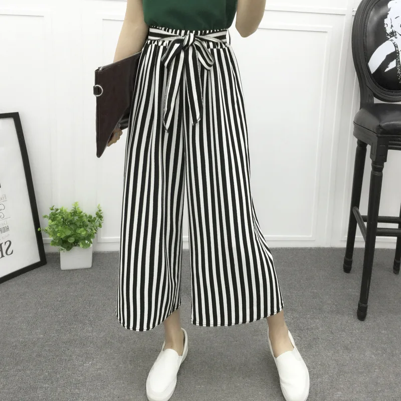 

CHUQING Women's Fashion Wide Leg Long Casual Summer Flare High Waist Elastic Waist Striped Loose Culotte Trousers Cropped Pants