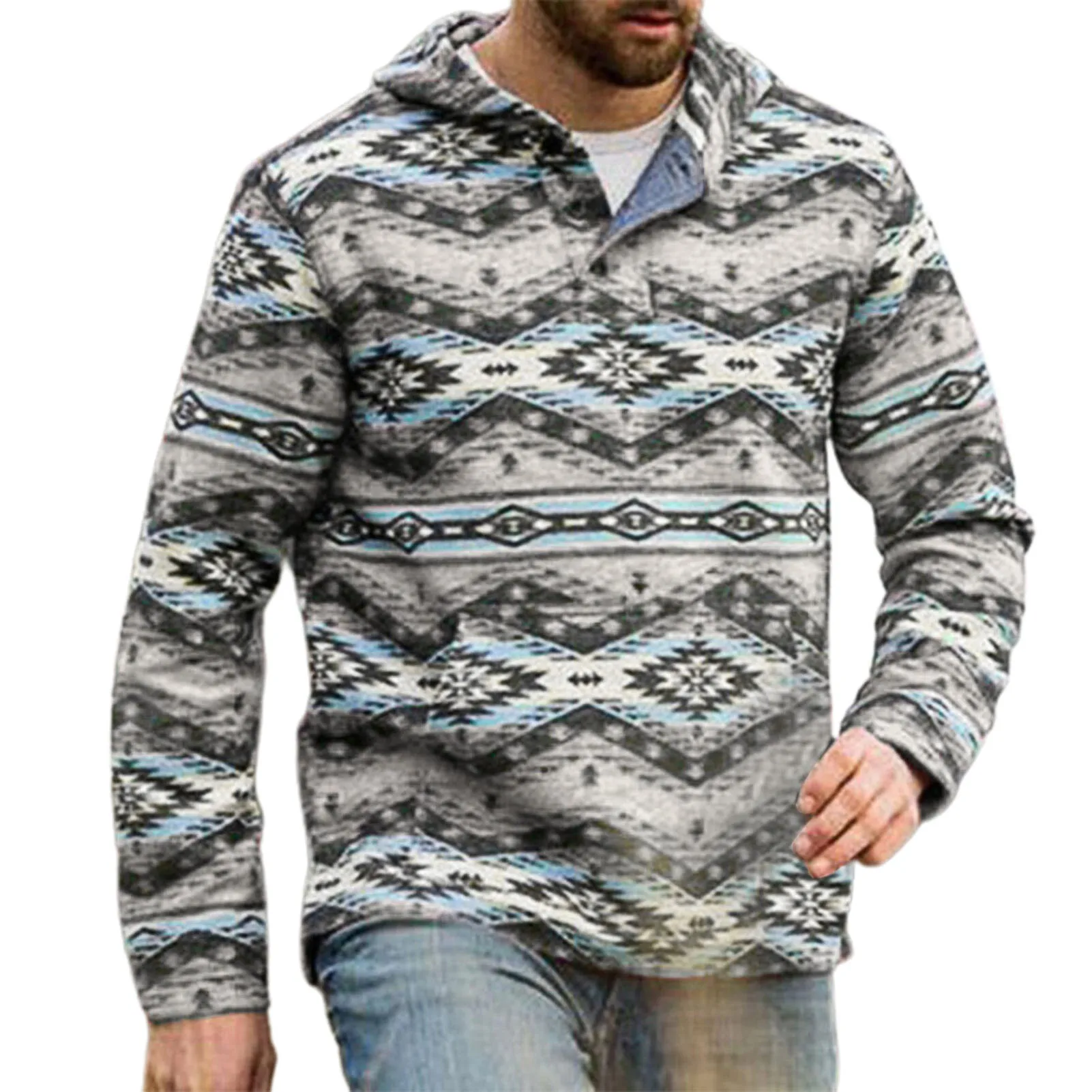 

Men's Sweater Hoodie Pullover Pattern Spring 2022 Novel Geometric Print Button Light Weight Sweatshirt Pocket Hooded Top