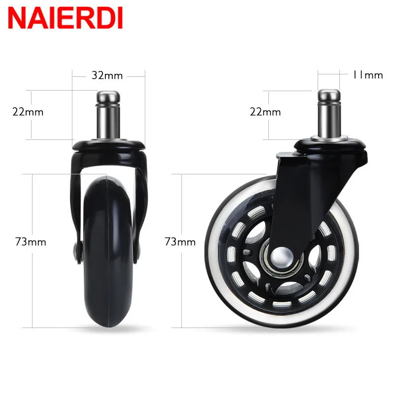 NAIERDI 5PCS Office Chair Caster Wheels 3 Inch Swivel Rubber Replacement Soft Safe Rollers Furniture Hardware |