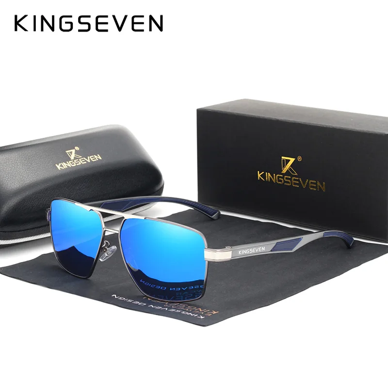 KINGSEVEN, алюминиевые мужские солнцезащитные очки, поляризованные линзы, брендовые, красные, дизайнерские, дужки, солнцезащитные очки, покрытие, зеркальные очки Oculos de sol 7719 - Цвет линз: Gun Blue