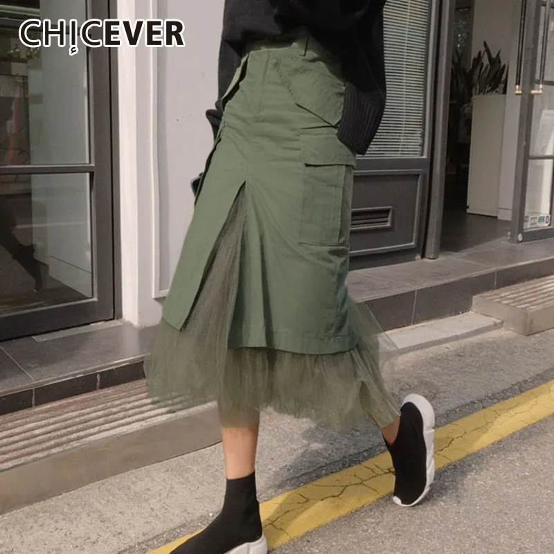 CHICEVER 2020 Лоскутная сетчатая миди юбка женская с разрезом и высокой талией Armygreen