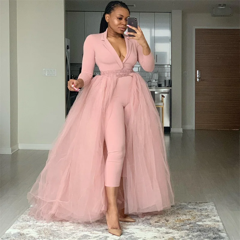 

Two Piece Set Women Plus Size Clothing Deep V-Neck Bodycon Jumpsuit Gauze Slit Long Skirt Suit Solid Color Sexy 2 Piece Outfits