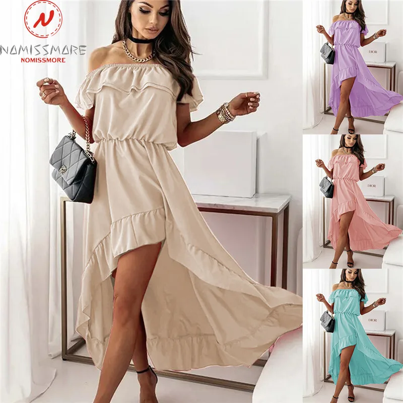 

Sexy Women Summer Solid Color Dress for Streetwear Irregular Design Ruffles Decor Slash Neck Short Sleeve Mid Waist Slim Dress