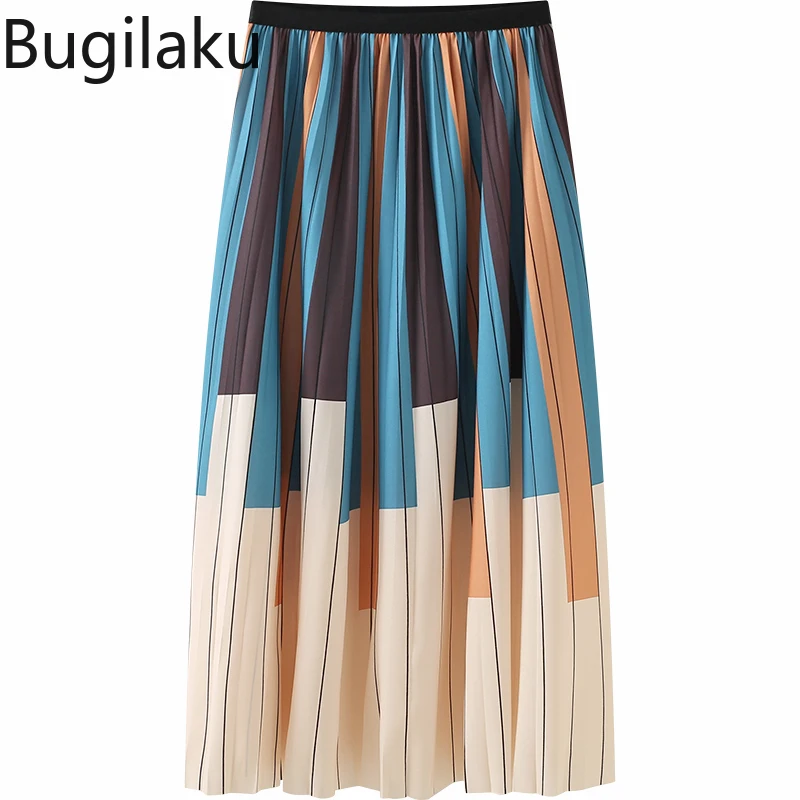 

Женская плиссированная юбка Bugilaku с высокой талией, винтажная элегантная трапециевидная полосатая Повседневная Ретро-юбка в Корейском стил...