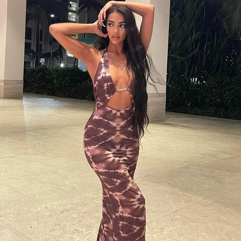 

2022 Spring Summer Women Fashion Streetwear Hole Tie Dye Party Holiday Outfits Halte Bandage Backless Sexy Maxi Dress
