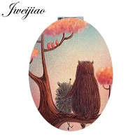 jweijiao cartoon coloured drawing hedgehog oval pocket mirror tools double sides accessories leahter hand mirror for girls h254