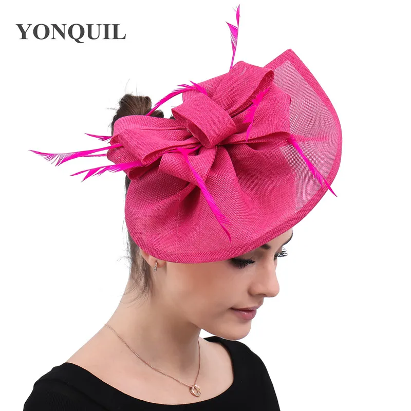 hot pink Изумрудно зеленый Мода race украшения для волос для свадьбы шапки для женщин элегантные вечерние свадебные головные уборы перо аксессуары волос SYF66 - Цвет: hot pink