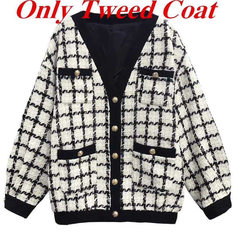 Only Coat Высокое качество осень зима контрастный черный и белый твидовый в клетку Женский комплект 2 шт. свободное шерстяное пальто+ облегающая Короткая юбка комплект - Цвет: Only Coat