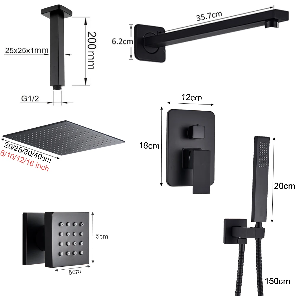 Матовый черный душевой набор смеситель для ванны и душа латунные массажные